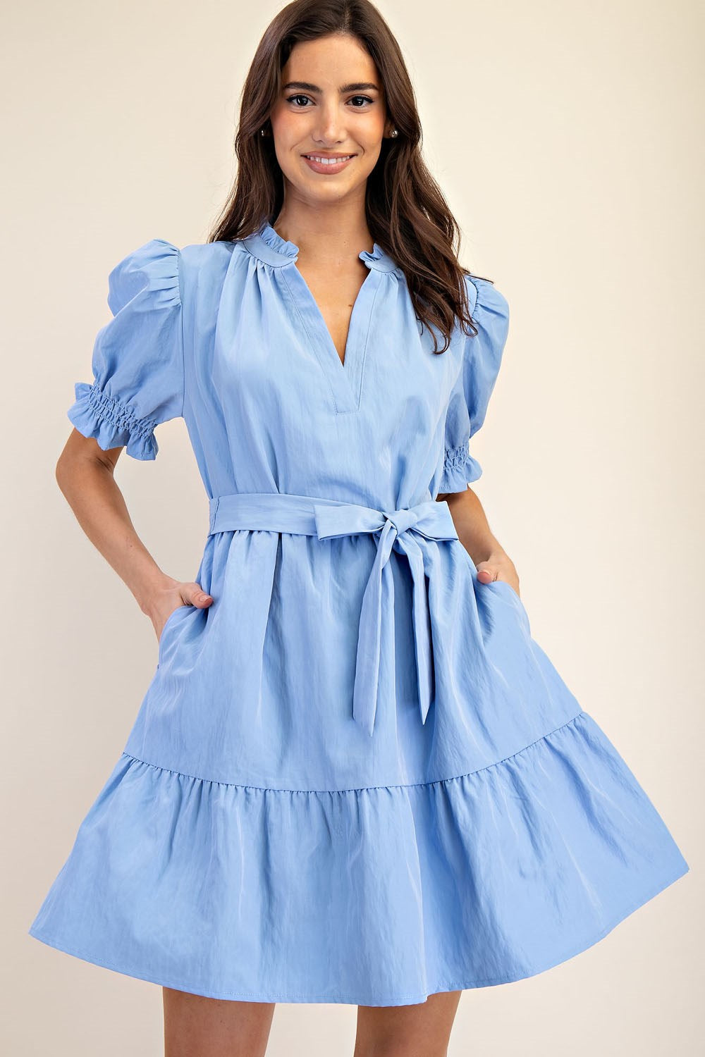 Ruffle Neck Puff Sleeve Mini Dress