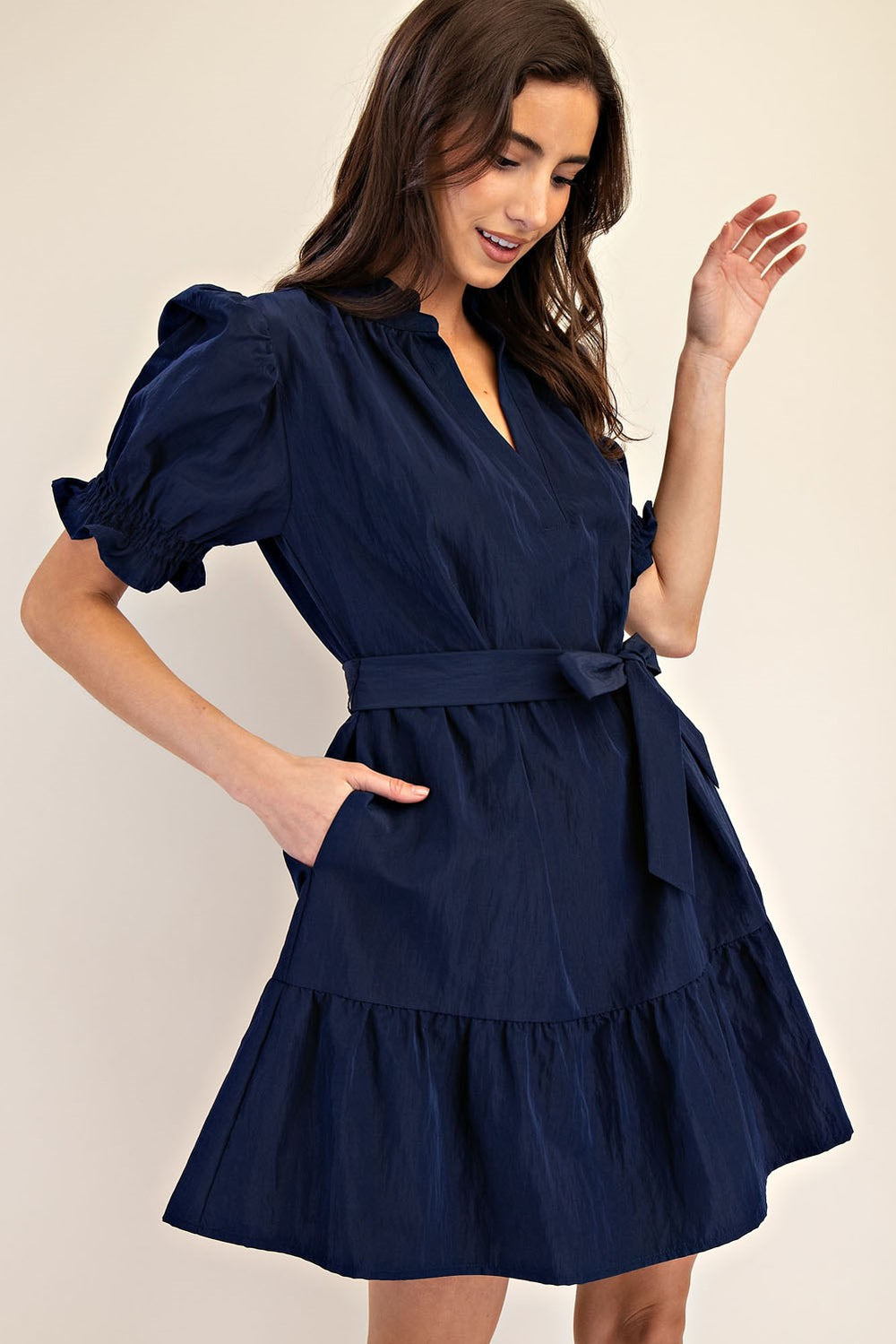 Ruffle Neck Puff Sleeve Mini Dress