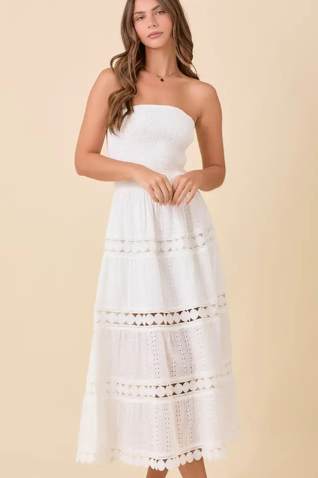 Summer Tube Smocking Midi Lace Border Dress