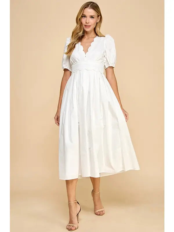 Puff Sleeve Scalloped Midi Dress