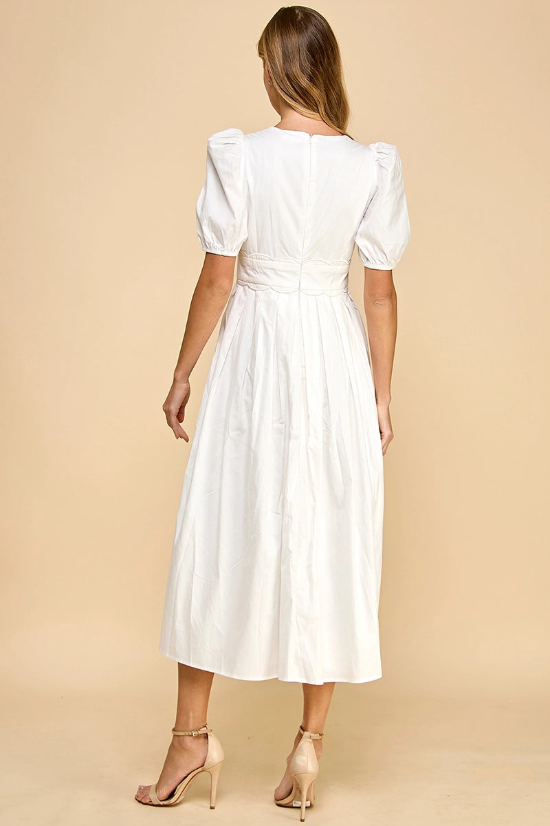 Puff Sleeve Scalloped Midi Dress