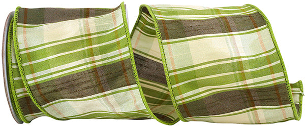 GREEN PLAID DUPIONI WIRED EDGE RIBBON