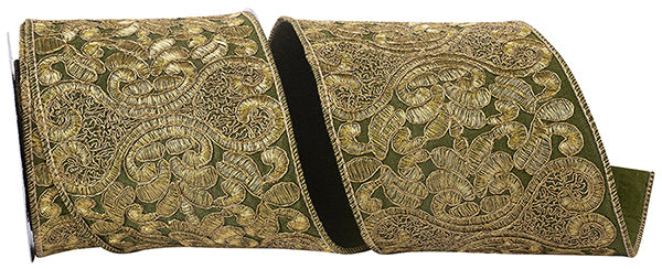 GREEN/GOLD ANTIQUE EMBROIDERY FILIGREE WIRED EDGE RIBBON
