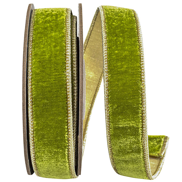 PLUSH GREEN GRASS VELVET DELUXE DUPIONI METALLIC BACKED WIRED EDGE RIBBON