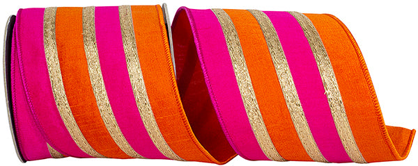 ORANGE/FUCHSIA STRIPE TRIMMING OVERLAY DUPIONI DELUXE WIRED EDGE RIBBON