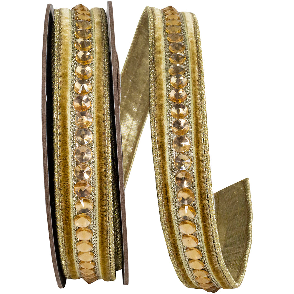 JEWELED CENTER PLUSH VELVET DELUXE METALLIC DUPIONI BACKED WIRED EDGE RIBBON