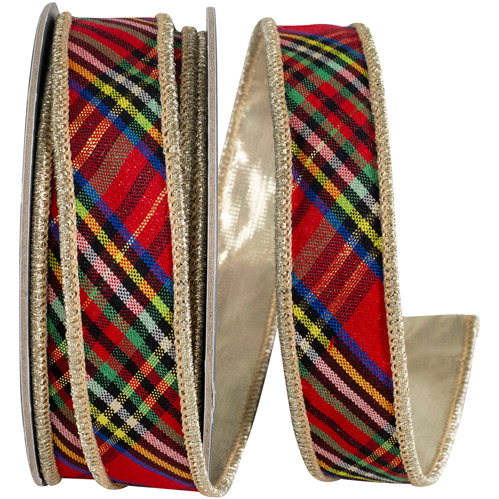 MULTICOLOR CLASSIC PLAID DIAGONAL DELUXE GOLD BACKED WIRED EDGE RIBBON