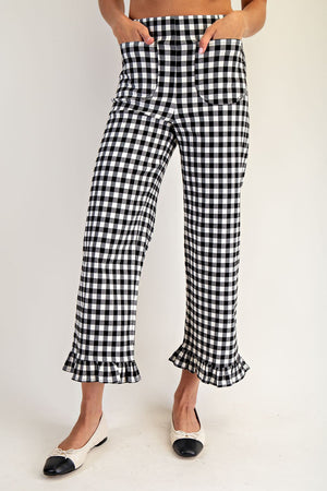 Gingham Ruffle Trim Straight Leg Pants