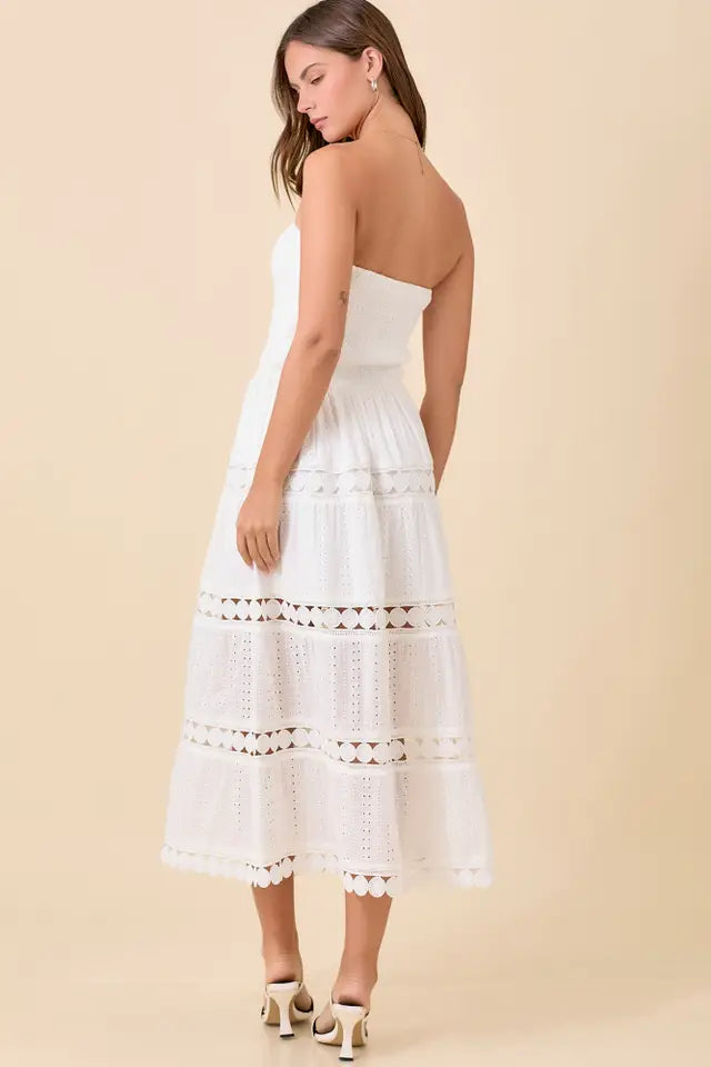 Summer Tube Smocking Midi Lace Border Dress
