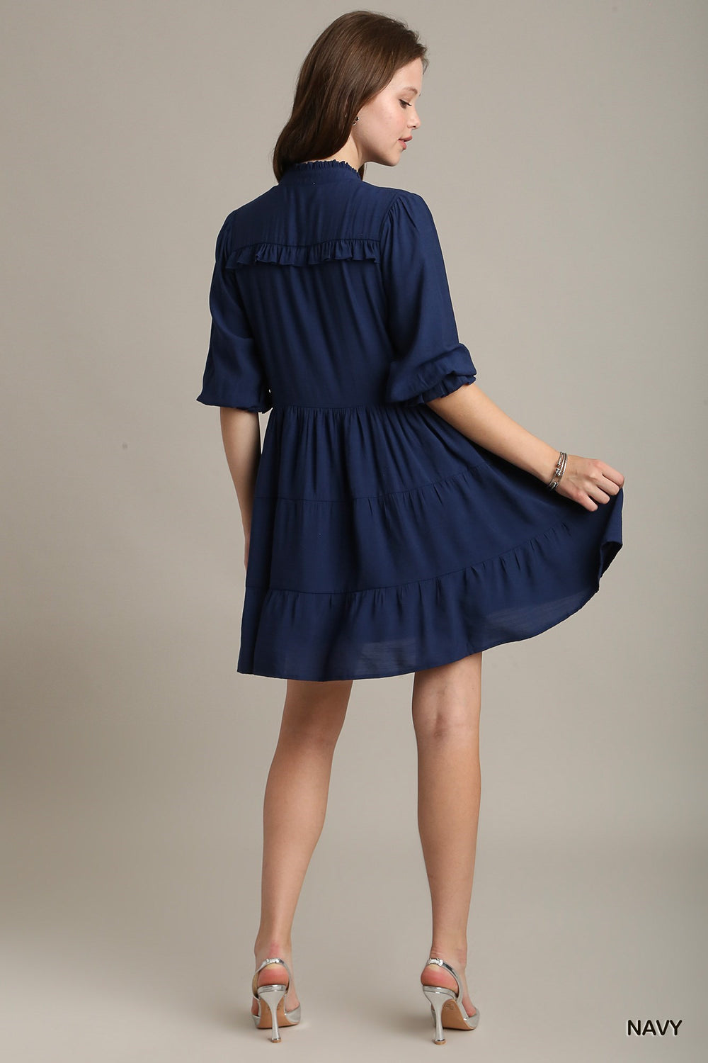 Tiered Puff Sleeve Button-Front Mini Dress