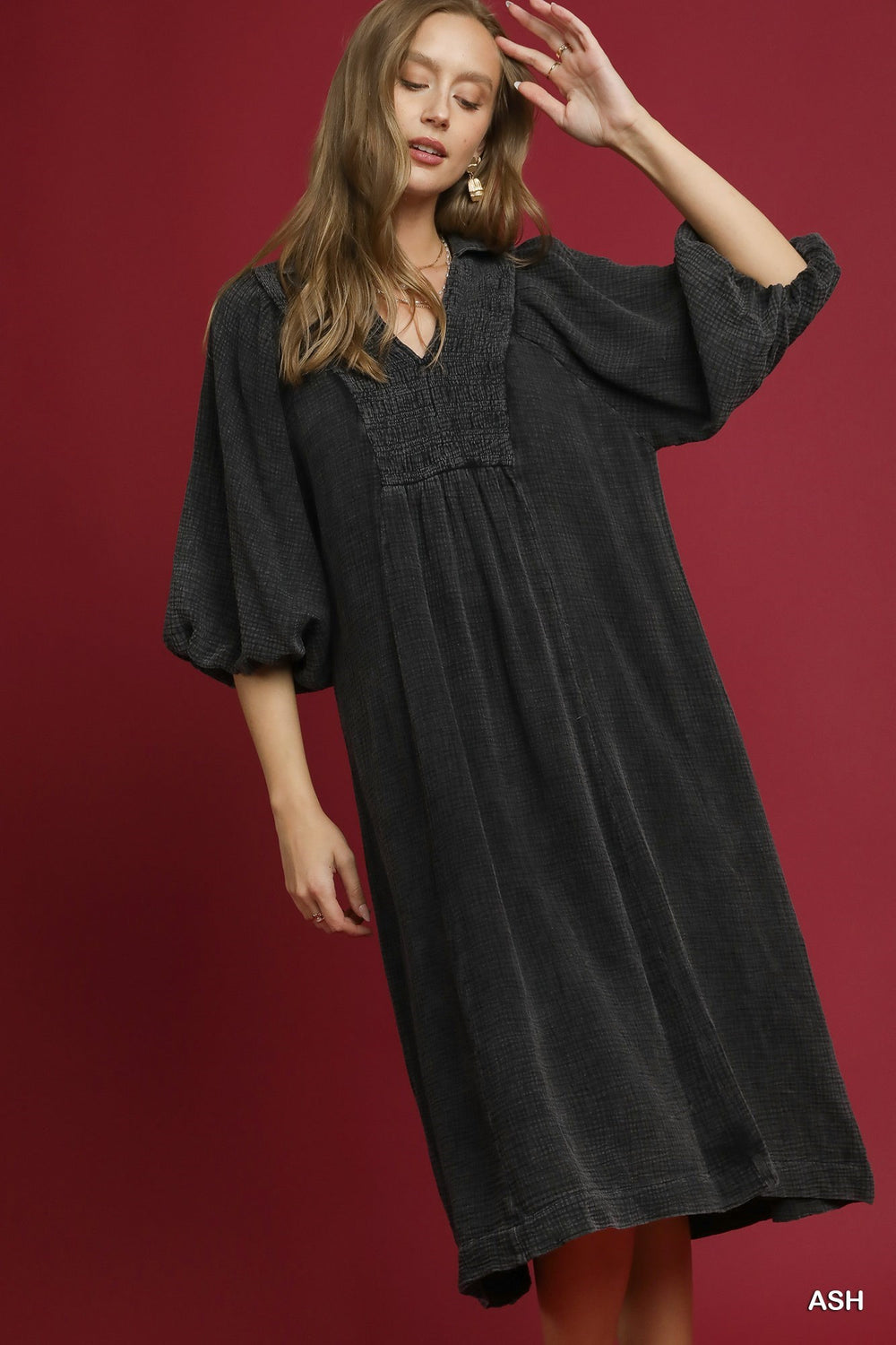 Smocked Mineral Wash Midi Dress