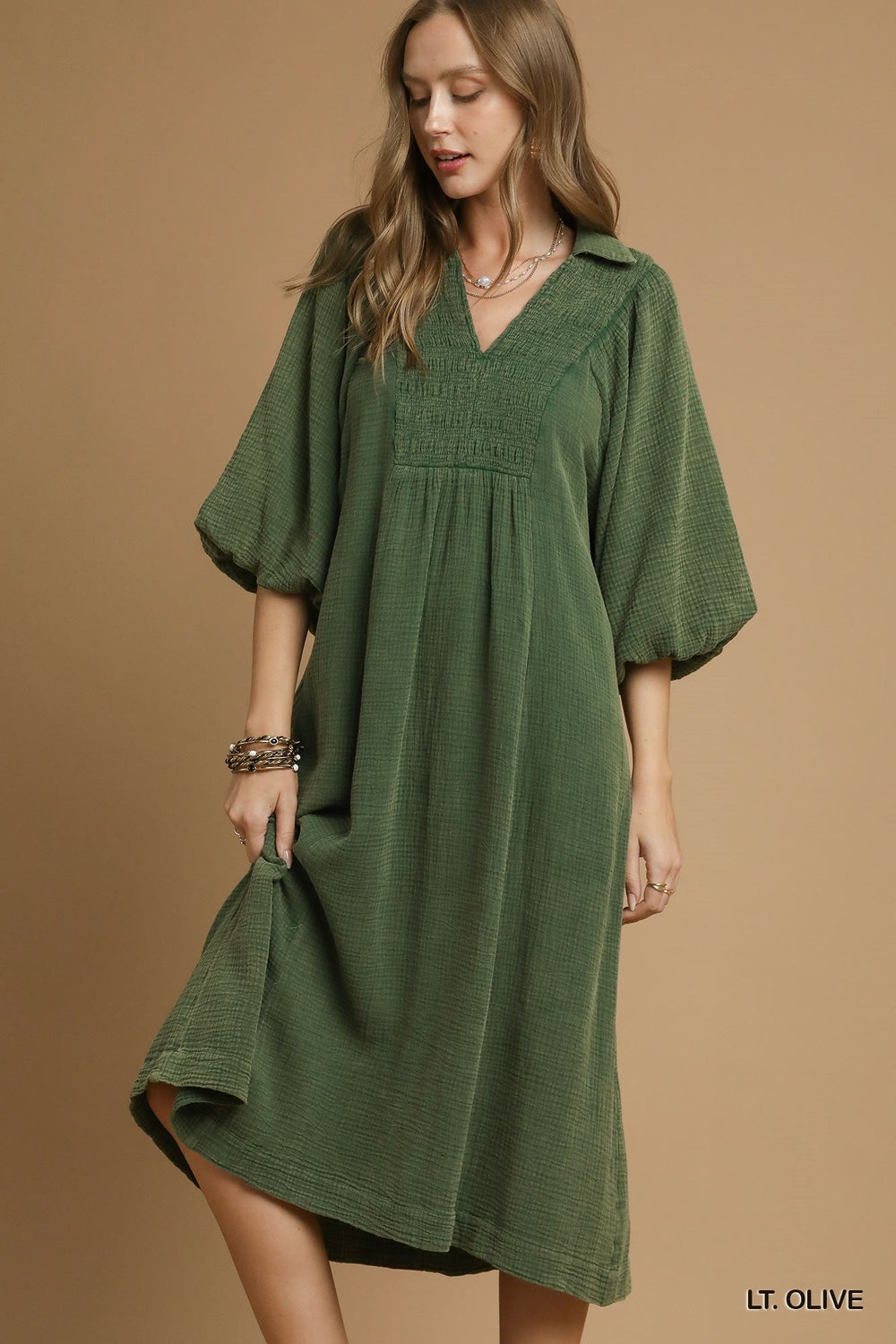 Smocked Mineral Wash Midi Dress