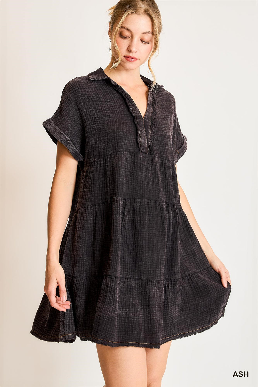 Mineral Wash Tiered Babydoll Mini Dress