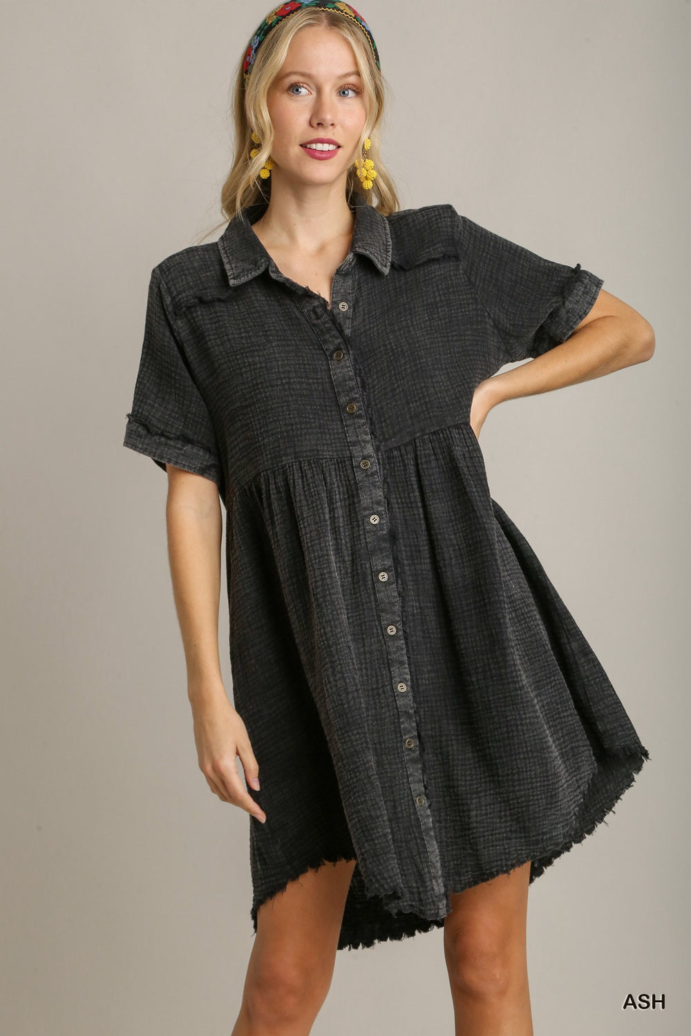 Mineral Wash Collared Mini Dress