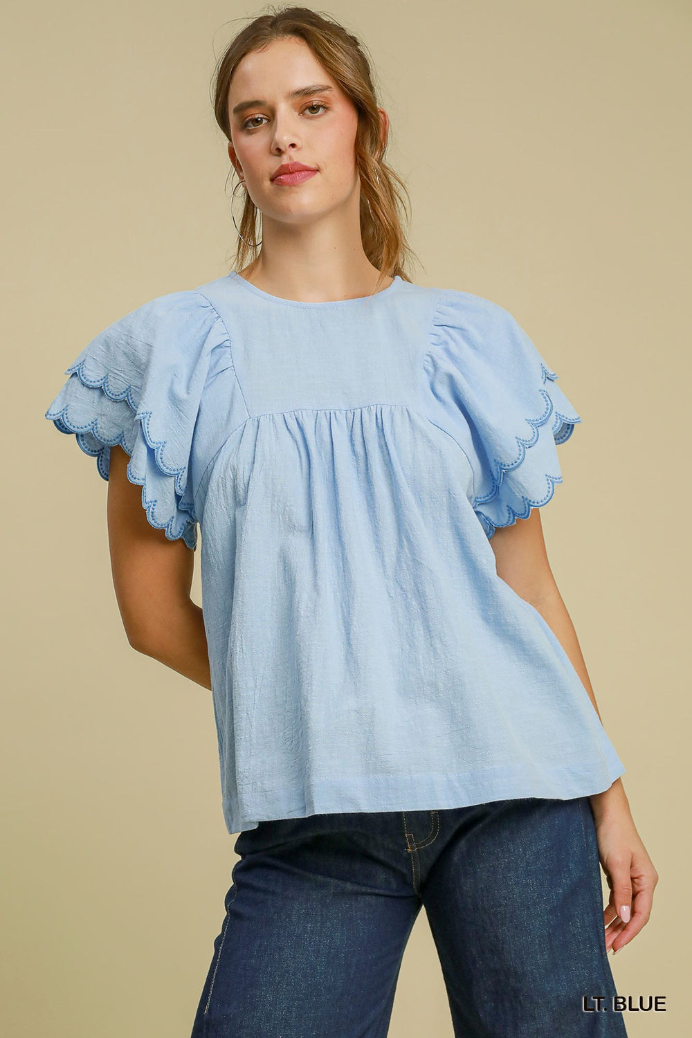 Round Neck with Embroidered Scalloped Sleeves Top