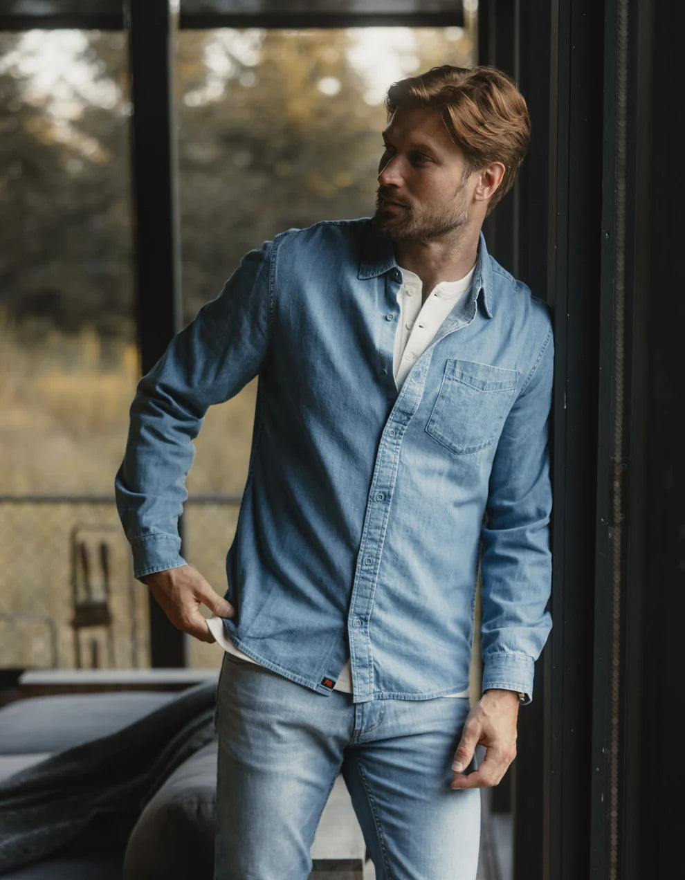 Cotton Denim Long Sleeve Button Up