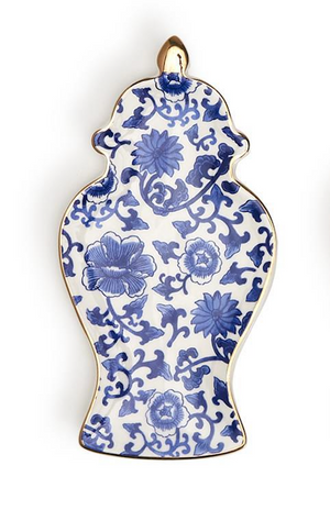 Blue and White Ginger Jar Trinket Tray with Gold Accent