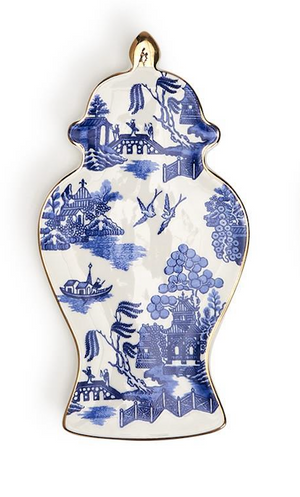Blue and White Ginger Jar Trinket Tray with Gold Accent
