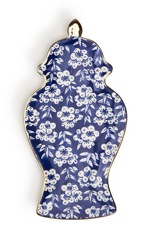 Blue and White Ginger Jar Trinket Tray with Gold Accent