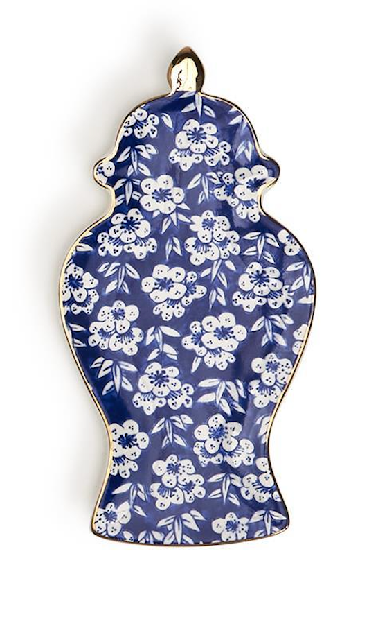 Blue and White Ginger Jar Trinket Tray with Gold Accent