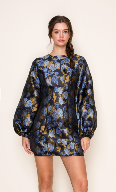 Rose Jacquard Balloon Sleeve Mini Dress