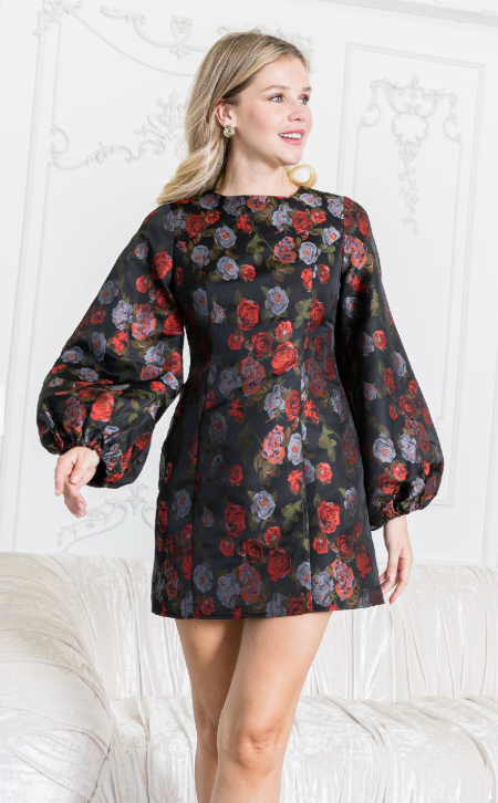 Rose Jacquard Balloon Sleeve Mini Dress