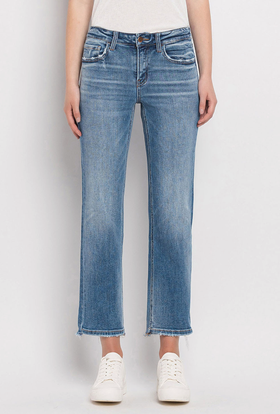 Mid Rise Crop Straight Jean with Uneven Hem
