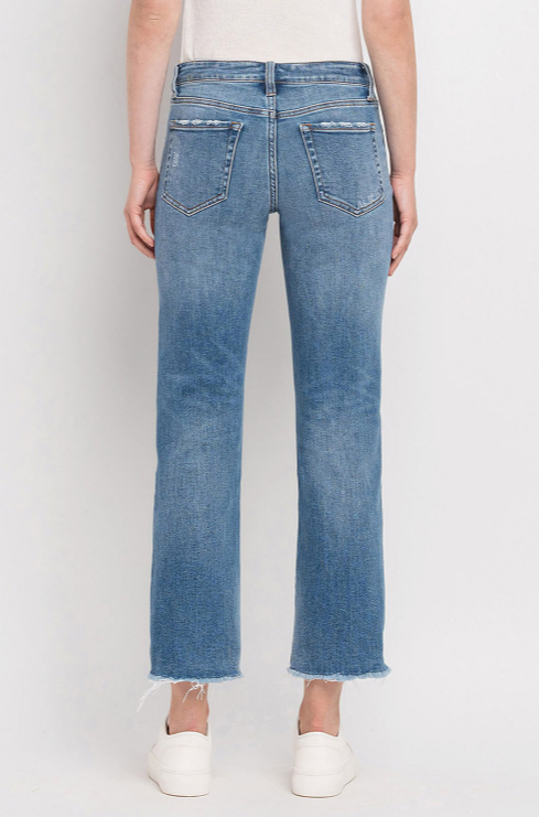 Mid Rise Crop Straight Jean with Uneven Hem