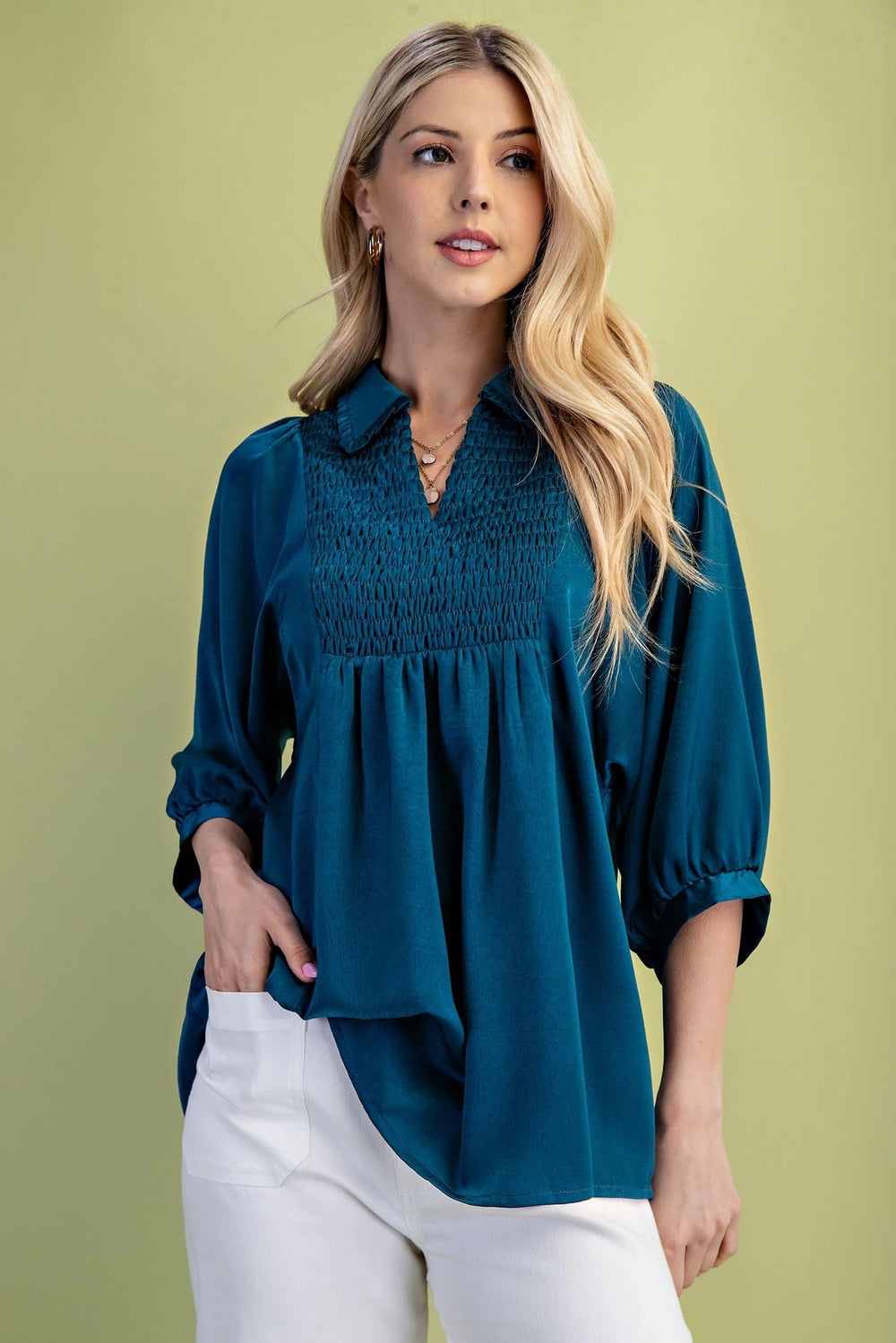 Satin Yoke V-Neck Blouse