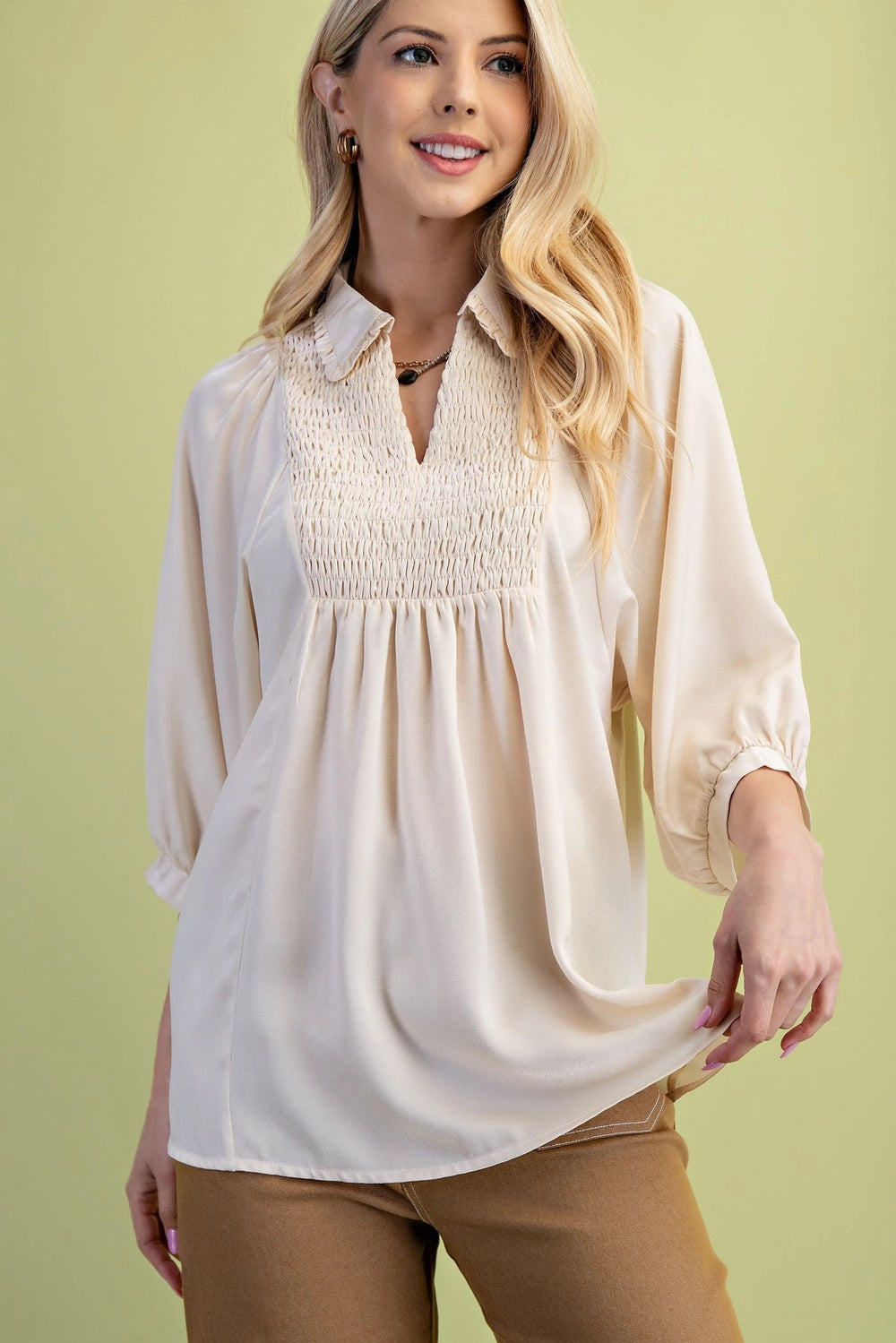 Satin Yoke V-Neck Blouse