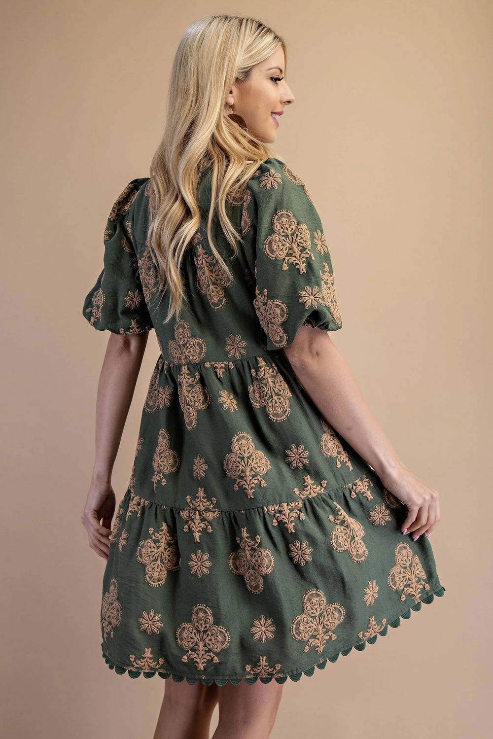 Puff Printed Tiered & Trim Mini Dress