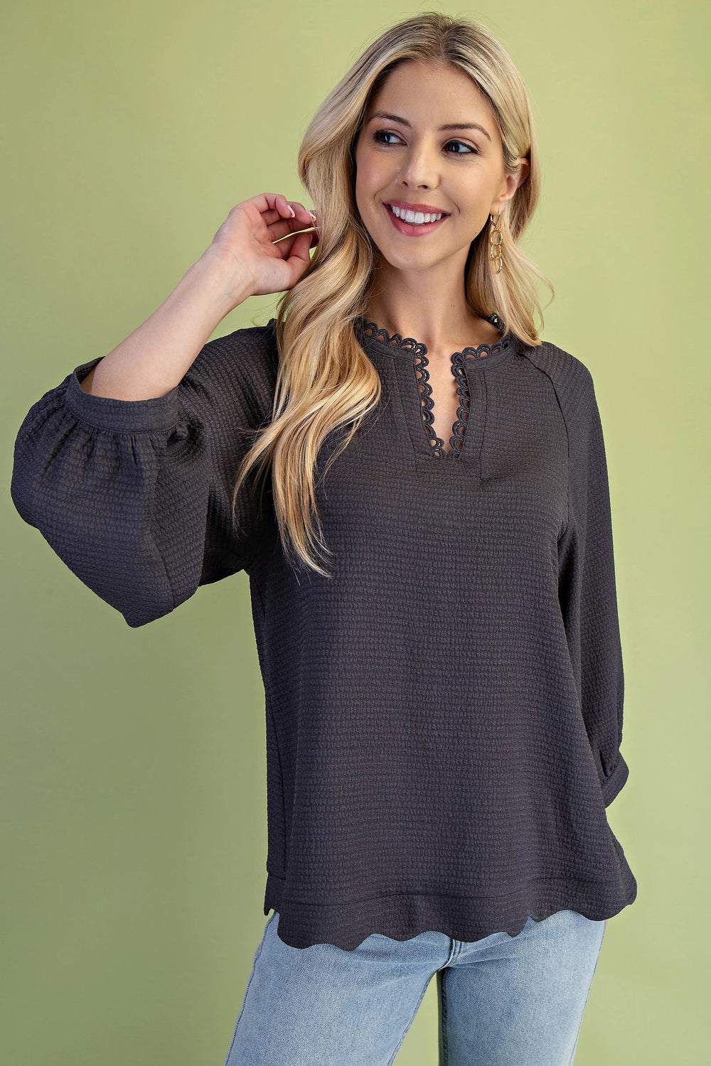 Textured Long Sleeve Scalloped Top