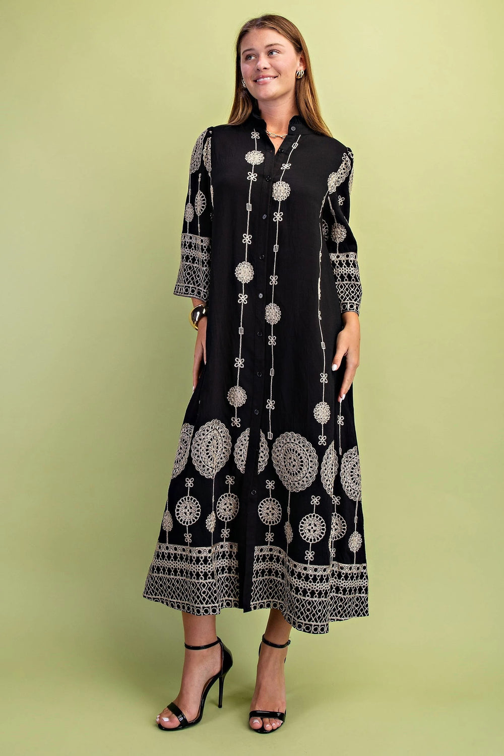 Button Down Metallic Embroidery Midi Dress