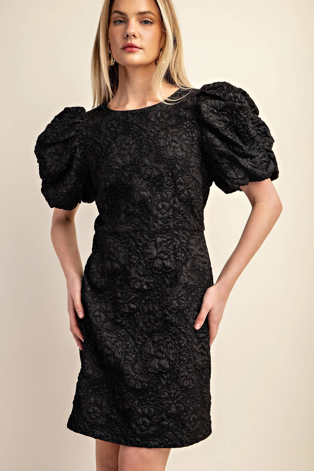 Jacquard Puff Sleeve Mini Dress