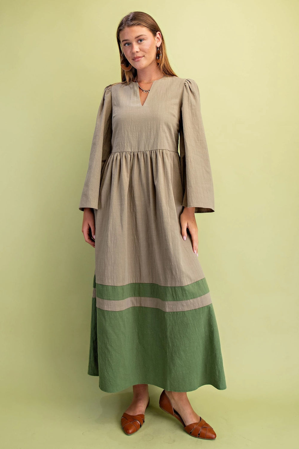 V-Neck Bell Sleeve Midi Dress