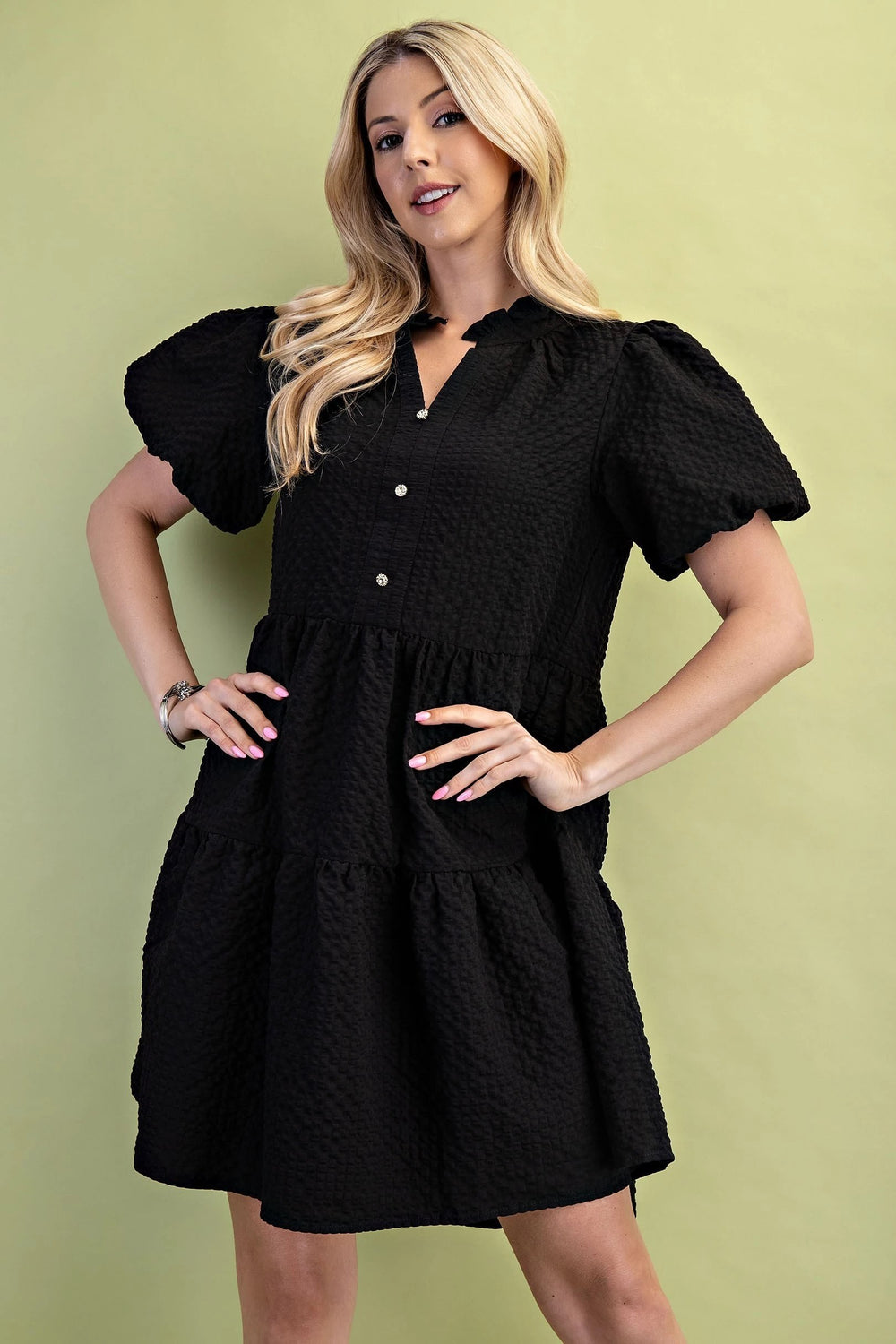 Seersucker Puff Sleeve Mini Dress
