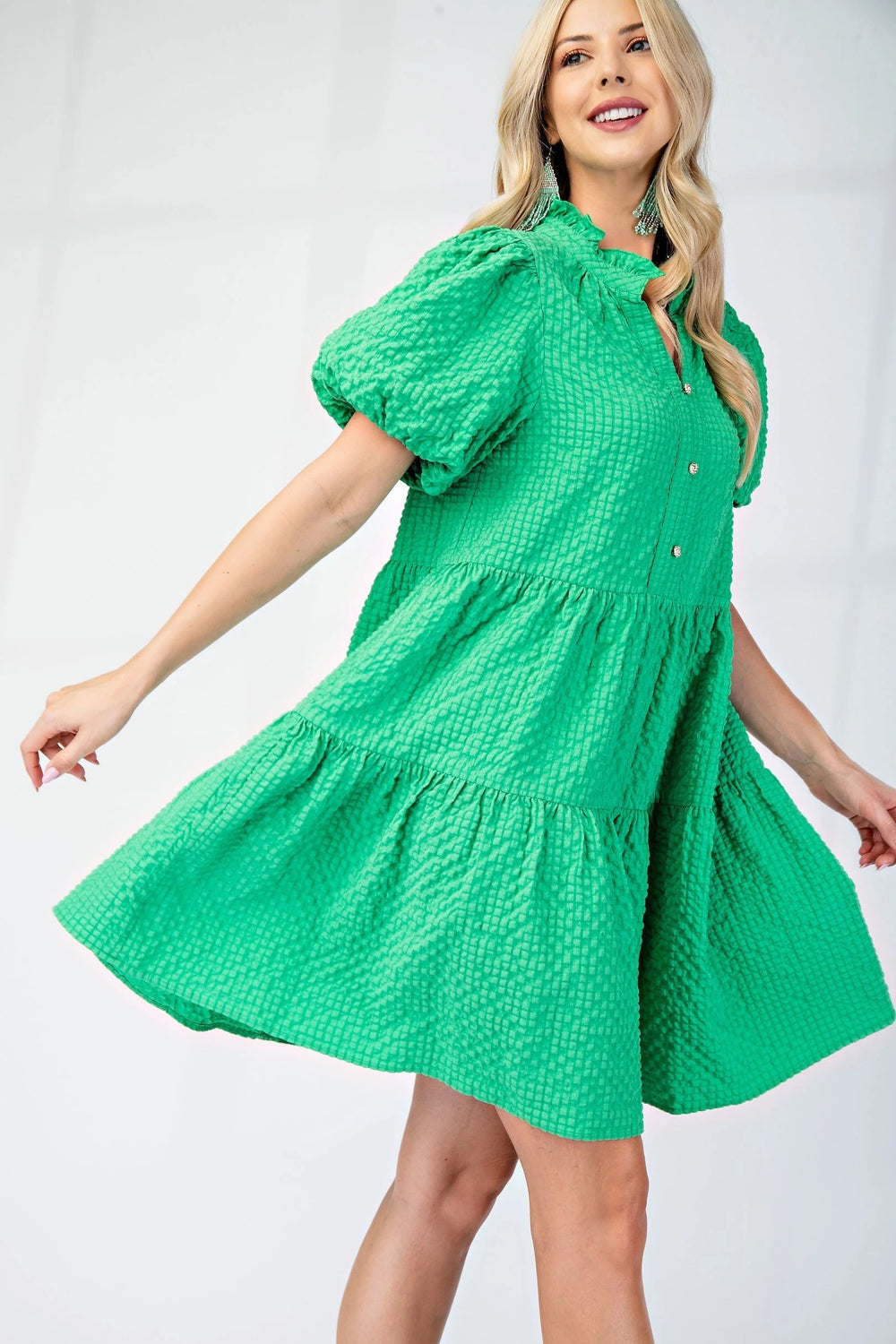 Seersucker Puff Sleeve Mini Dress