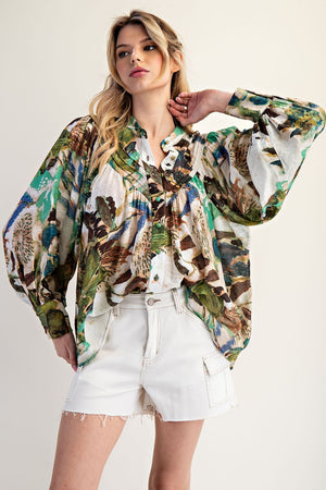 Abstract Floral Printed Button Down Blouse