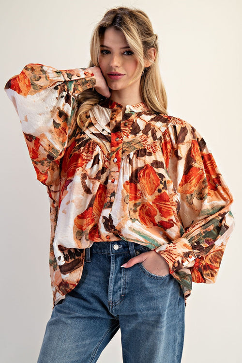 Abstract Floral Printed Button Down Blouse