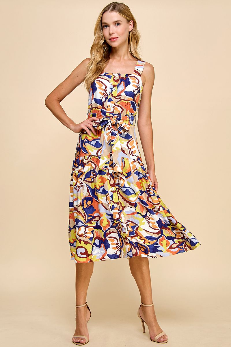 Abstract Square Neckline Midi Dress