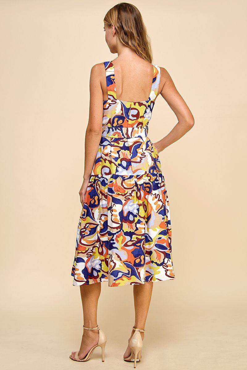 Abstract Square Neckline Midi Dress