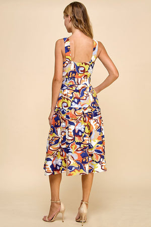 Abstract Square Neckline Midi Dress