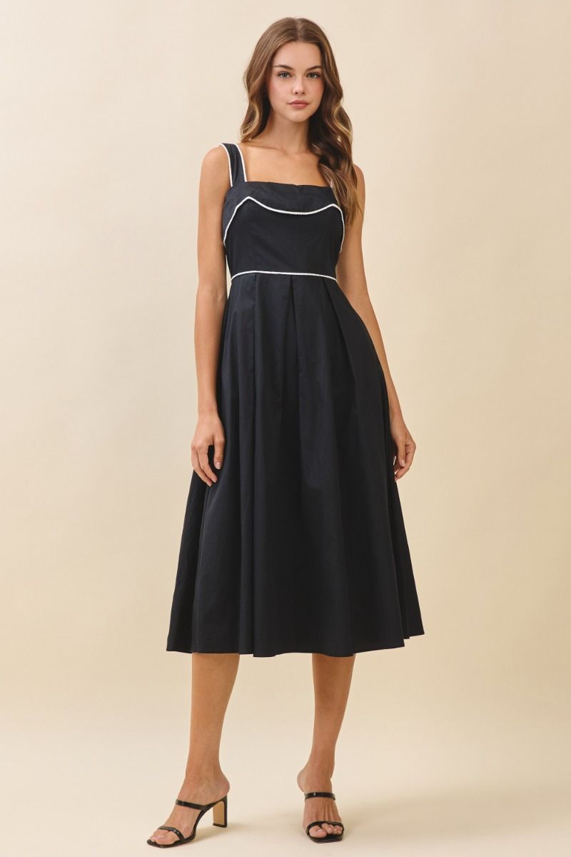 Black & White Piping Midi Dress