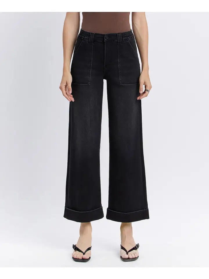 High Rise Cuffed Baggy Wide Black Jeans