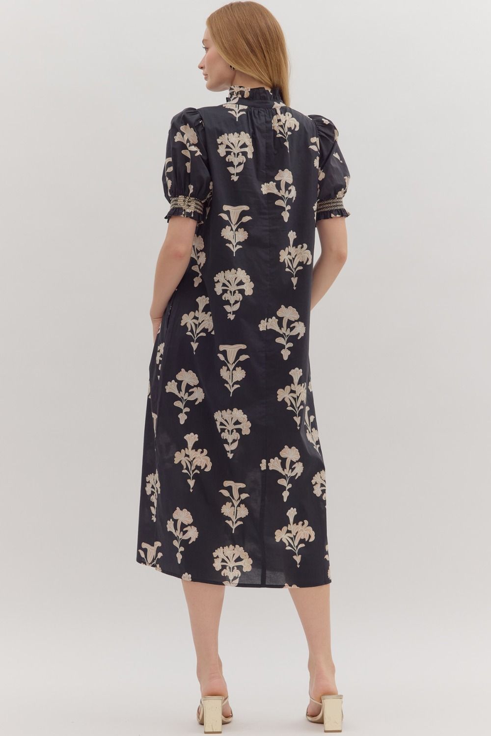 Botanical Print Puff Sleeve Midi Sleeve