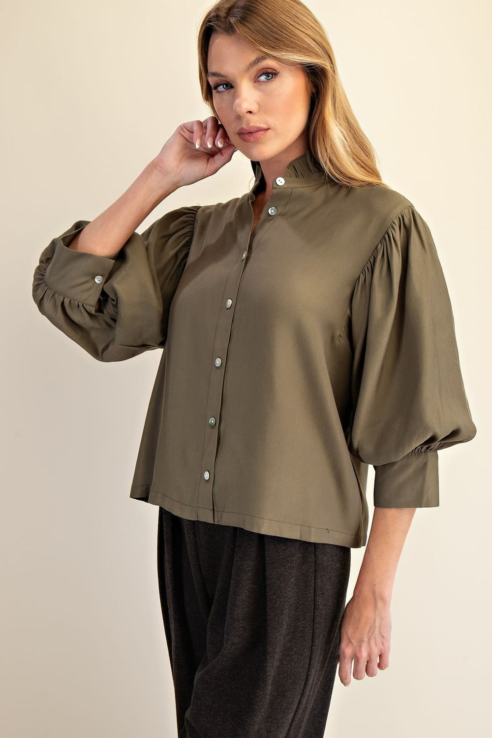 Ruffle Neck Puff Sleeve Blouse