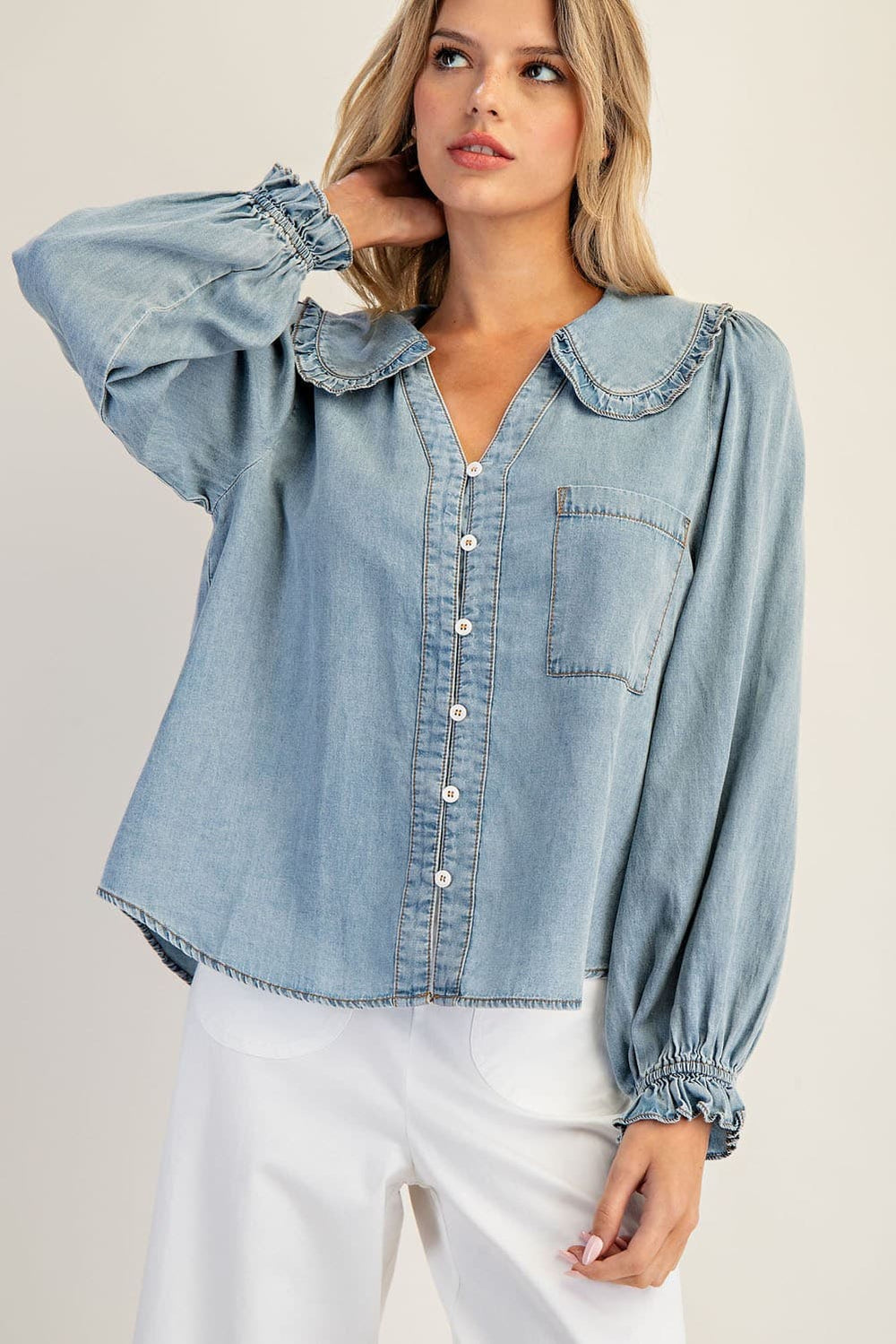 Mineral Washed Round Collar Button Down Blouse