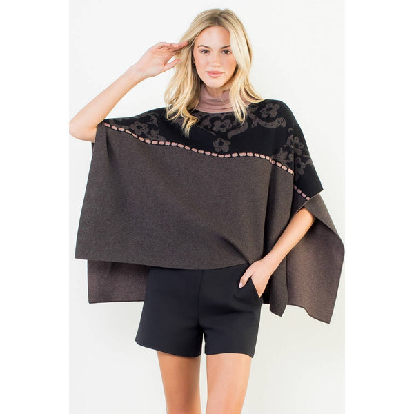 Jacquard Floral Knit Poncho