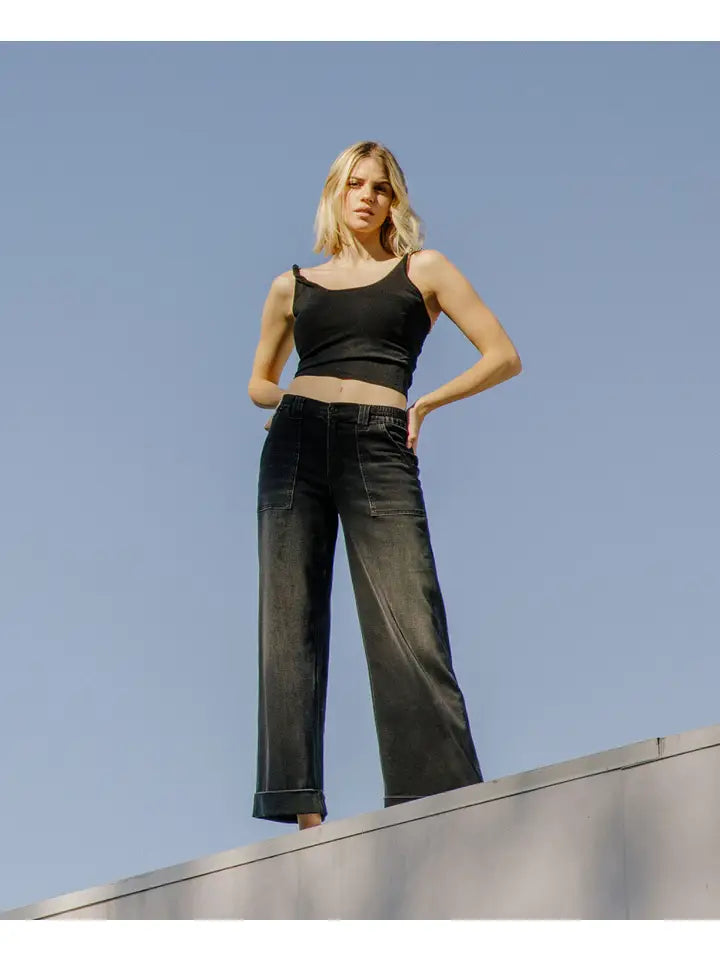 High Rise Cuffed Baggy Wide Black Jeans