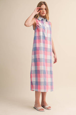 Checkered Plaid Button Down Midi Dress